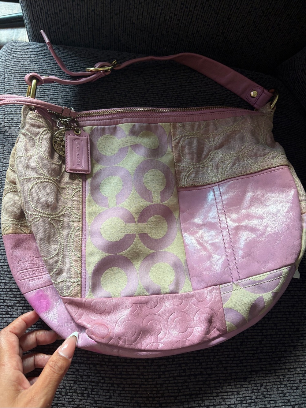 Coach Pink Leather and Canvas Tote with Gold Hardware
